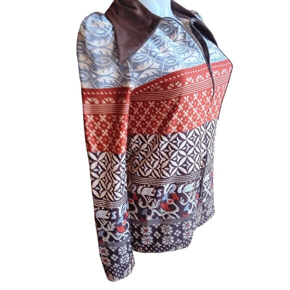 Vintage Small Scandinavian Top 1OF1 Print Zip-Up 1970's Boho Big Collar Handmade - Picture 6 of 9